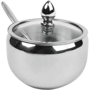 Açucareiro Inox p/ Cozinha c/ Tampa (Vidro ou Inox) + Colher